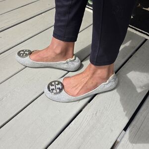 Tory Burch Silver Flannel Logo-Embellished Ballet Flats